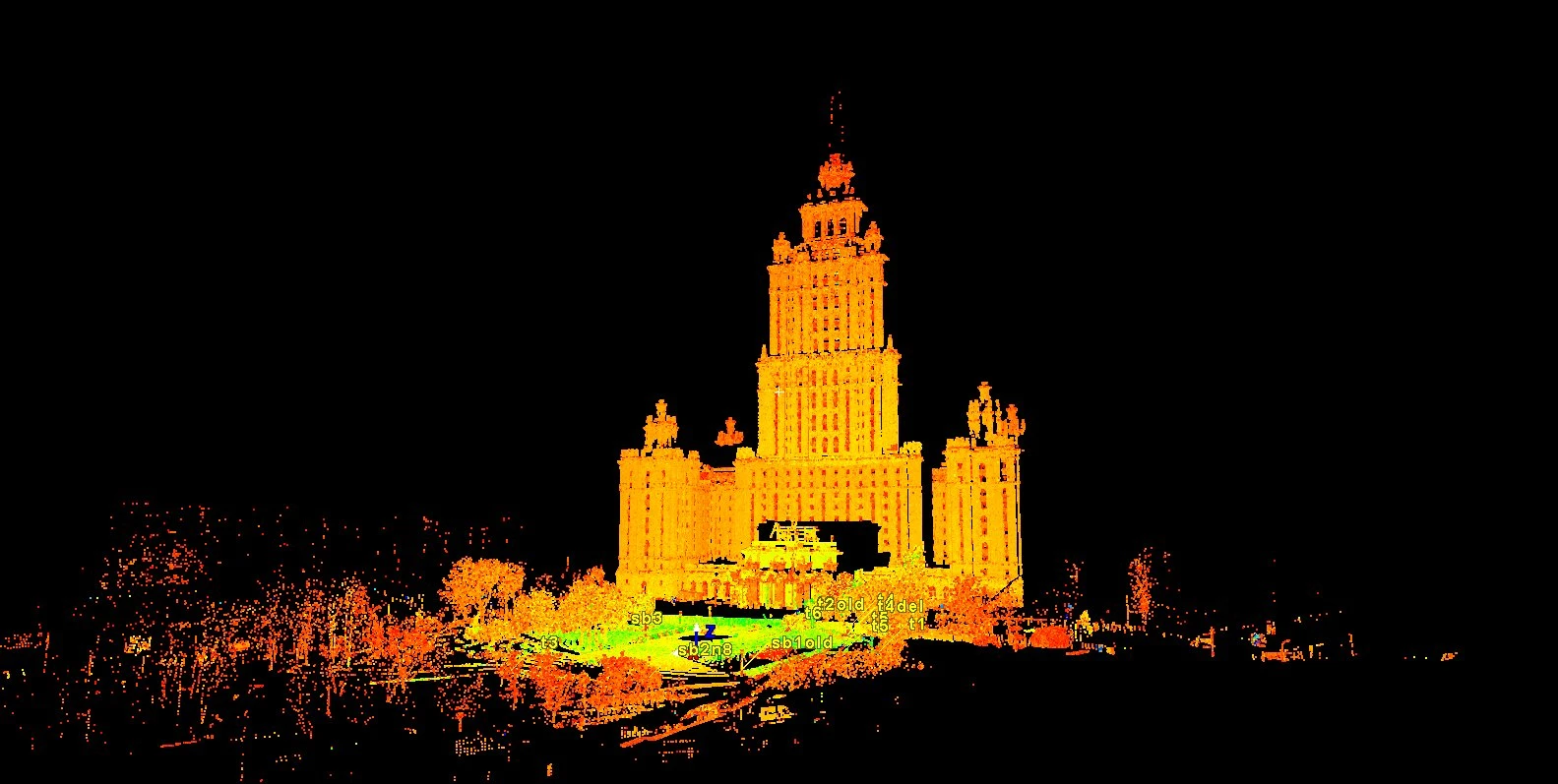 Облако точек: памятник Тарасу Шевченко в сквере и гостиница «Украина» за ним