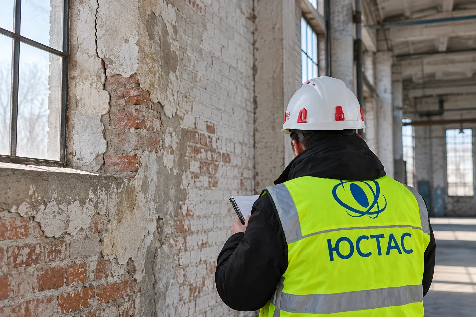 Иллюстрация инженера в жилетке ЮСТАС при обследовании конструкций